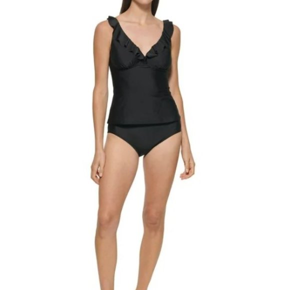 NWT  DKNY Two Piece Black Ruffled Neck Tankini, Swimsuit, Bathing Suit  … - Picture 14 of 15